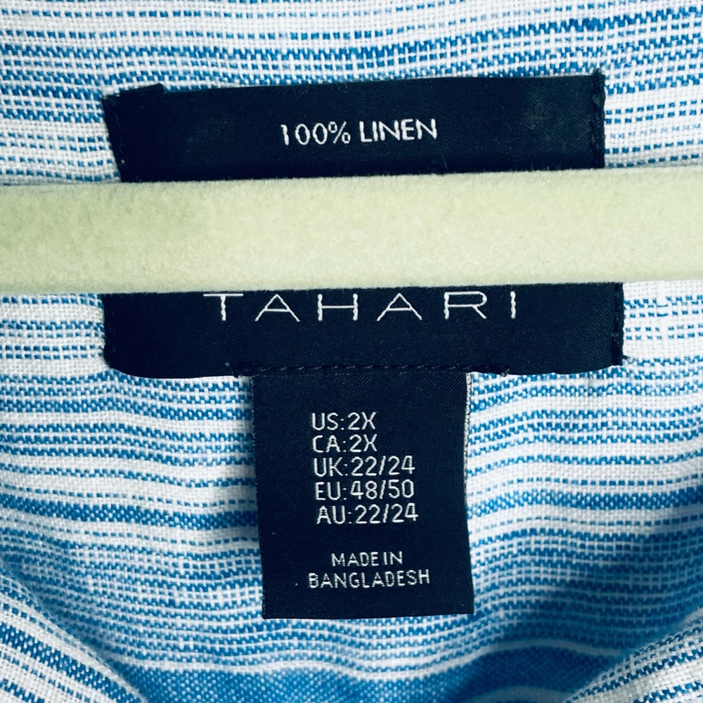 Tahari Plus 100% Linen Collar Shirt Dress Light Blue stripe button up 2X pockets - Picture 14 of 16